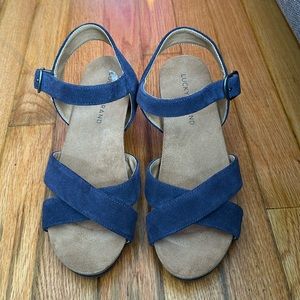 Lucky brand Kennah Navy Blue Suede Crossband Wedge Sandals